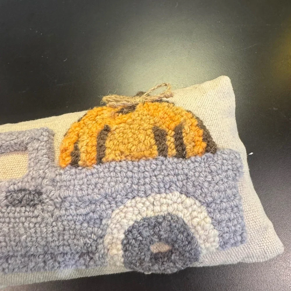 Punch Needle Pumpkin Truck Decorative Pillow Small Grey Orange Farmhouse Fall